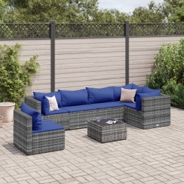 Set de muebles de jardín 7 pzas y cojines ratán sintético gris