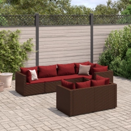 Set muebles de jardín 7 piezas y cojines ratán sintético marrón