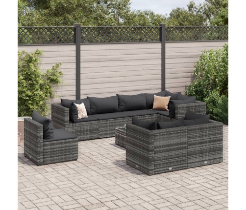 Set de muebles de jardín 9 pzas y cojines ratán sintético gris