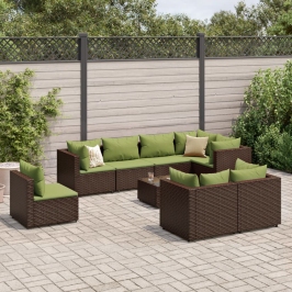 Set muebles de jardín 9 piezas y cojines ratán sintético marrón