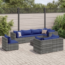 Set de muebles de jardín 9 pzas y cojines ratán sintético gris