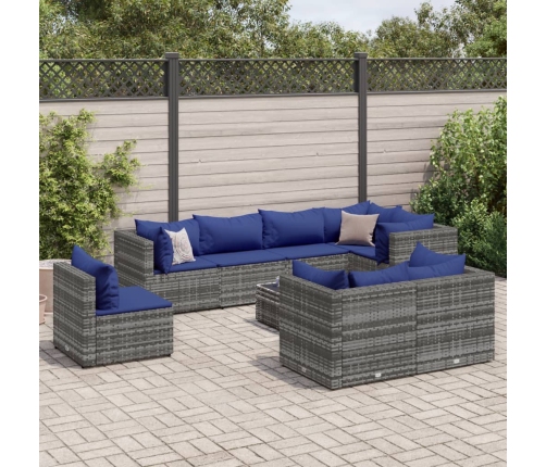 Set de muebles de jardín 9 pzas y cojines ratán sintético gris