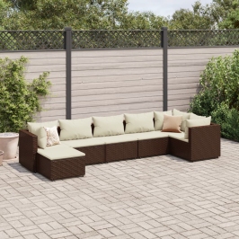 Set muebles de jardín 7 piezas y cojines ratán sintético marrón