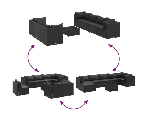 Set de muebles de jardín 8 pzas y cojines ratán sintético negro