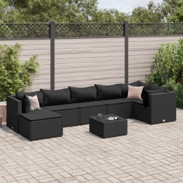 Set de muebles de jardín 8 pzas y cojines ratán sintético negro