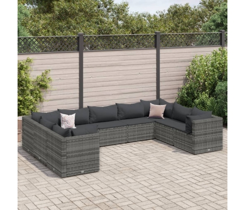 Set de muebles de jardín 9 pzas y cojines ratán sintético gris