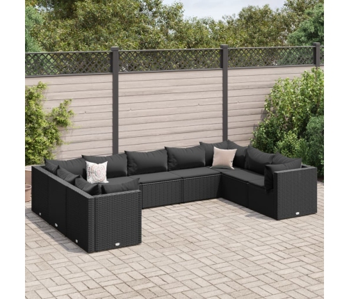 Set de muebles de jardín 9 pzas y cojines ratán sintético negro