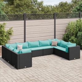 Set de muebles de jardín 9 pzas y cojines ratán sintético negro