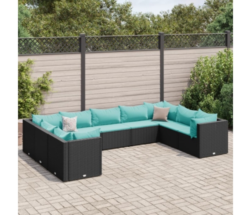 Set de muebles de jardín 9 pzas y cojines ratán sintético negro