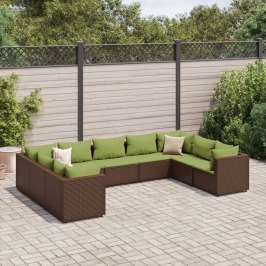Set muebles de jardín 9 piezas y cojines ratán sintético marrón