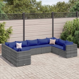 Set de muebles de jardín 9 pzas y cojines ratán sintético gris