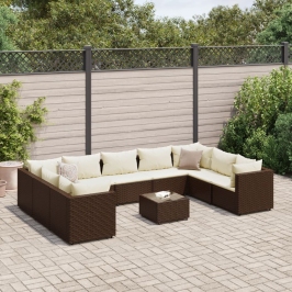 Set muebles de jardín 10 pzas y cojines ratán sintético marrón