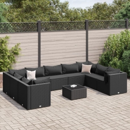 Set de muebles de jardín 10 pzas cojines ratán sintético negro
