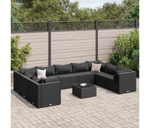 Set de muebles de jardín 10 pzas cojines ratán sintético negro