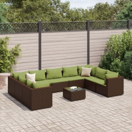 Set muebles de jardín 10 pzas y cojines ratán sintético marrón