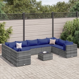 Set de muebles de jardín 10 pzas y cojines ratán sintético gris