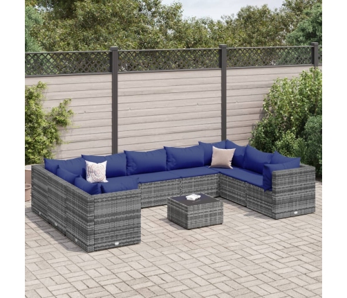 Set de muebles de jardín 10 pzas y cojines ratán sintético gris