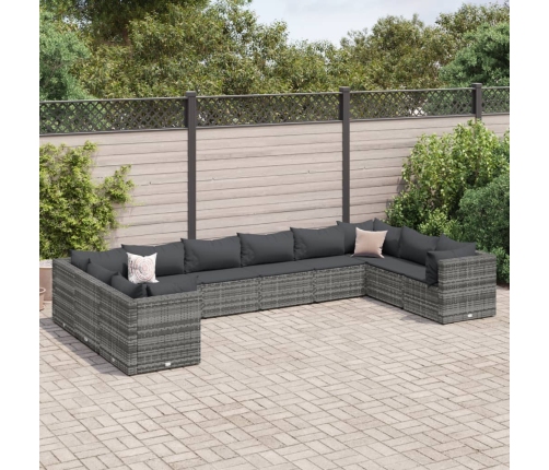 Set de muebles de jardín 10 pzas y cojines ratán sintético gris
