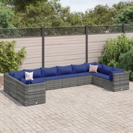 Set de muebles de jardín 10 pzas y cojines ratán sintético gris