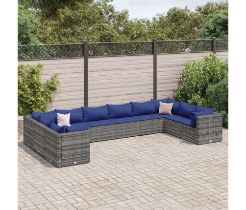 Set de muebles de jardín 10 pzas y cojines ratán sintético gris