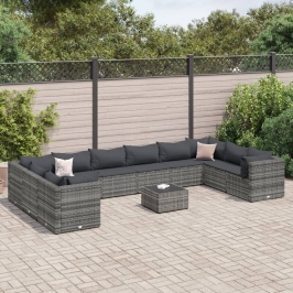 Set de muebles de jardín 11 pzas y cojines ratán sintético gris