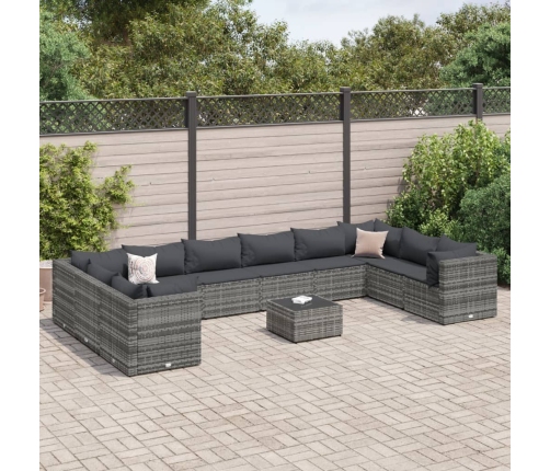 Set de muebles de jardín 11 pzas y cojines ratán sintético gris