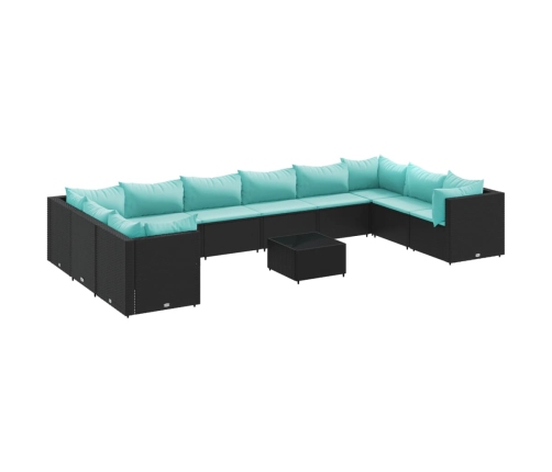 Set muebles de jardín 11 pzas y cojines ratán sintético negro