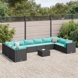 Set muebles de jardín 11 pzas y cojines ratán sintético negro