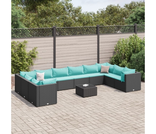 Set muebles de jardín 11 pzas y cojines ratán sintético negro