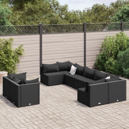Set de sofás de jardín con cojines 9 pzas ratán sintético negro