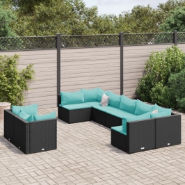 Set de sofás de jardín con cojines 9 pzas ratán sintético negro