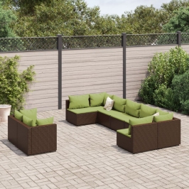 Set de sofás de jardín 9 pzas y cojines ratán sintético marrón