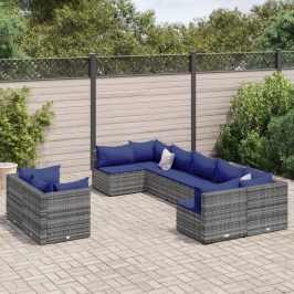 Set de sofás de jardín con cojines 9 pzas ratán sintético gris