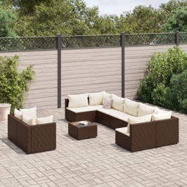 Set de sofás de jardín 10 pzas y cojines ratán sintético marrón