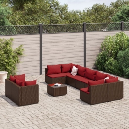 Set de sofás de jardín 10 pzas y cojines ratán sintético marrón