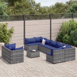 Set de sofás de jardín y cojines 10 pzas ratán sintético gris