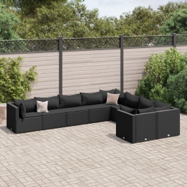 Set de sofás de jardín con cojines 9 pzas ratán sintético negro