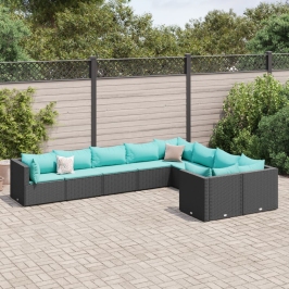 Set de sofás de jardín con cojines 9 pzas ratán sintético negro