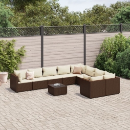Set de sofás de jardín 10 pzas y cojines ratán sintético marrón