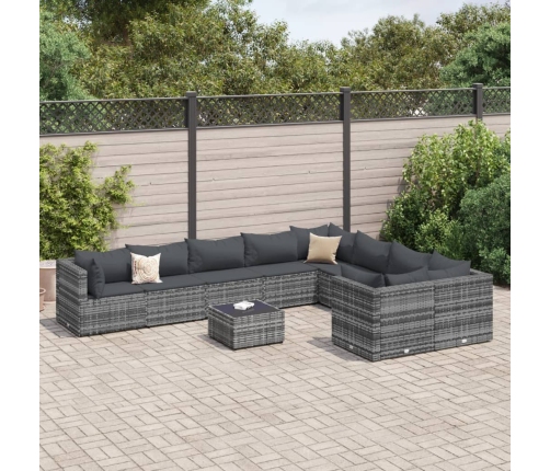 Set de sofás de jardín y cojines 10 pzas ratán sintético gris