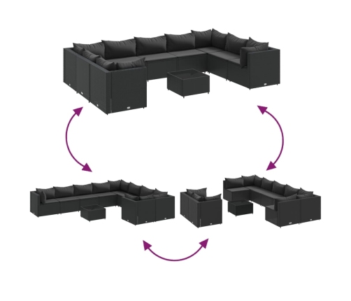Set de sofás de jardín y cojines 10 pzas ratán sintético negro