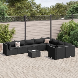 Set de sofás de jardín y cojines 10 pzas ratán sintético negro