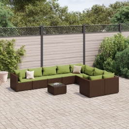 Set de sofás de jardín 10 pzas y cojines ratán sintético marrón