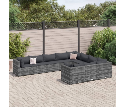 Set de sofás de jardín y cojines 10 pzas ratán sintético gris