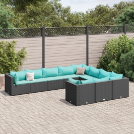 Set de sofás de jardín y cojines 10 pzas ratán sintético negro