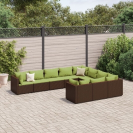 Set de sofás de jardín 10 pzas y cojines ratán sintético marrón