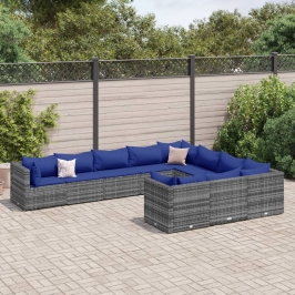 Set de sofás de jardín y cojines 10 pzas ratán sintético gris