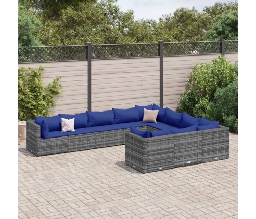 Set de sofás de jardín y cojines 10 pzas ratán sintético gris