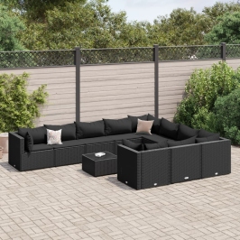 Set de sofás de jardín 11 pzas y cojines ratán sintético negro