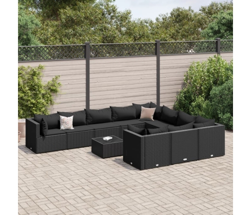 Set de sofás de jardín 11 pzas y cojines ratán sintético negro